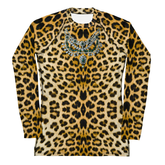 Women's Set Long Sleeve Swim Top in Leopard With Necklace